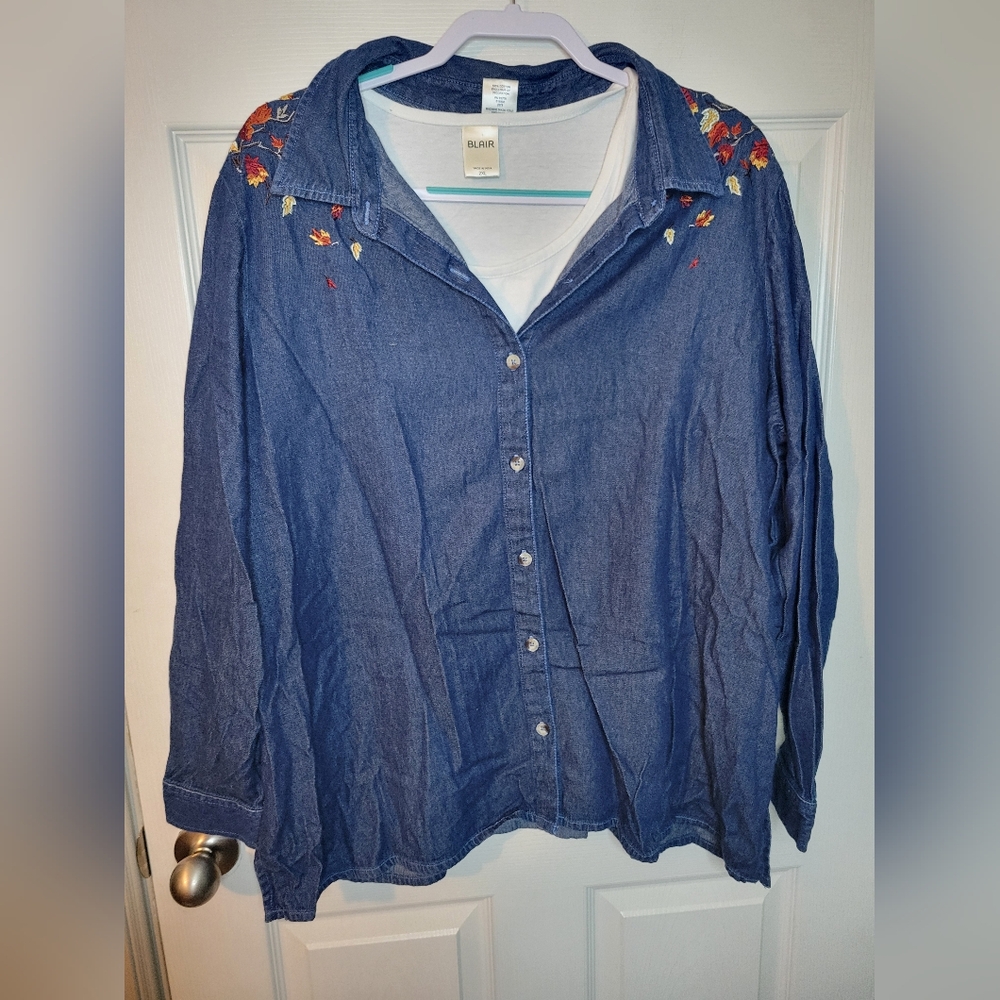 Blair Layered Womans Plus 2x 2 Piece Fall Autumn T Shirt Blue Jean Full Button